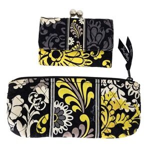 Vera Bradley Yellow & Black Baroque Kisslock Trifold‎ Wallet & Pencil Bag Set